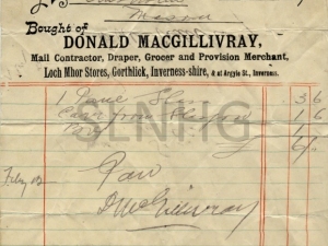 Receipt from Donald Macgillivray Loch Mhor Stores  & Argyle St INV .